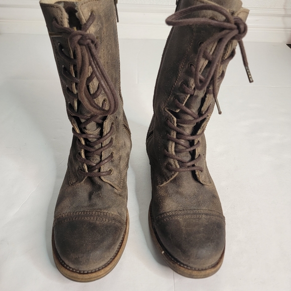 Allsaints 38/8 Distressed Military Combat Boots Leather Suede Faux Fur Lined - Picture 2 of 10